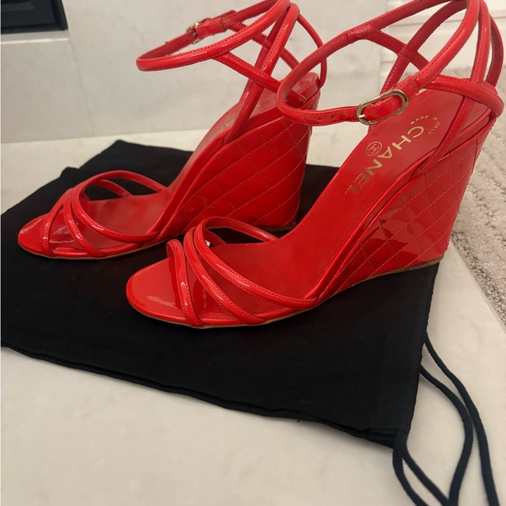 CHANEL Women's Patent Leather Vibrant Coral Wedge
